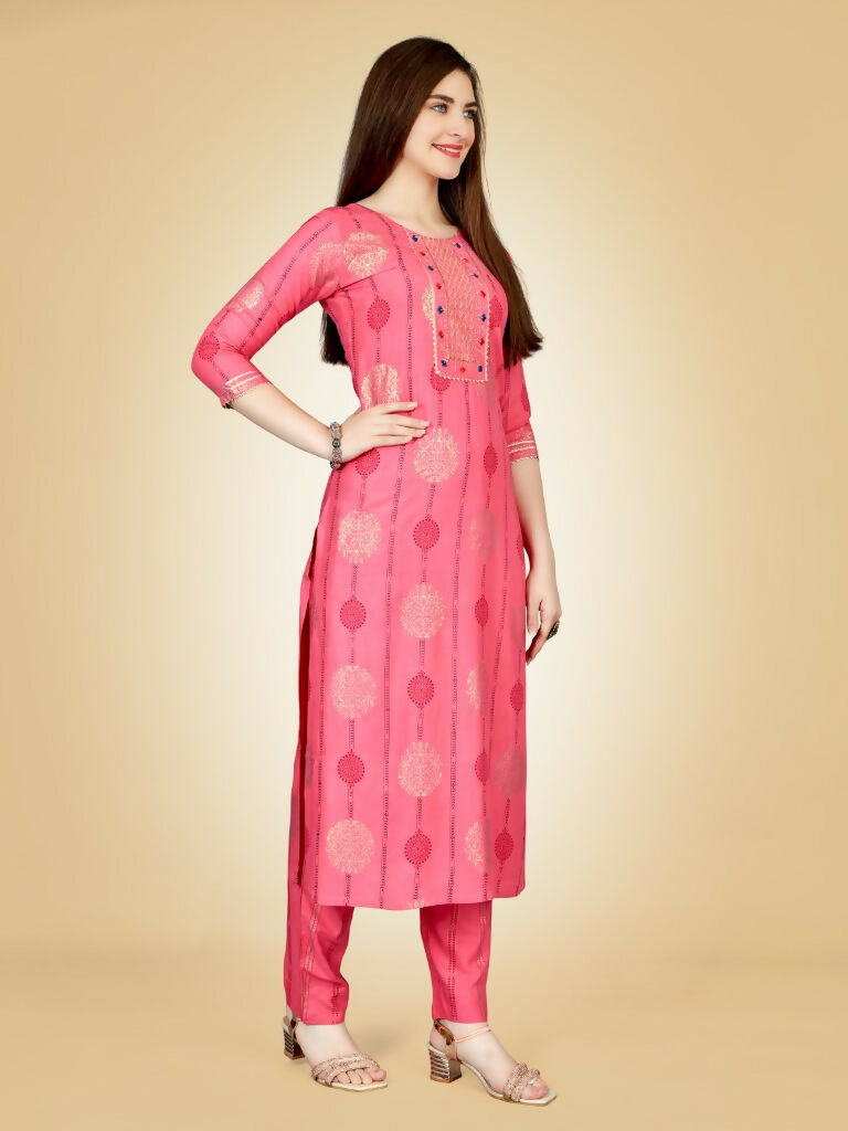 Jyoti Fashion Women's Pink Viscose Rayon Embroidered Kurta Pant Set - Distacart