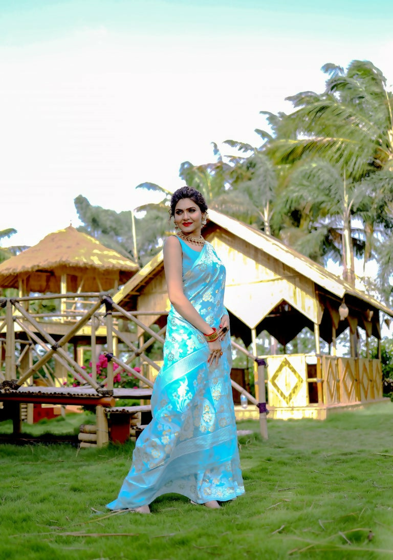 Partywear Designer Sky Blue Jamdani contton Fancy Saree - Starwalk - Distacart
