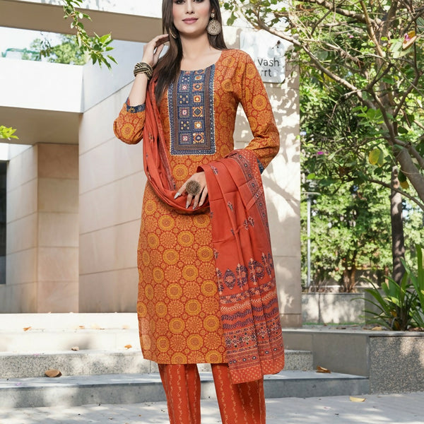 BulBul Aaliya Rust Cotton Kurta Set with Dupatta