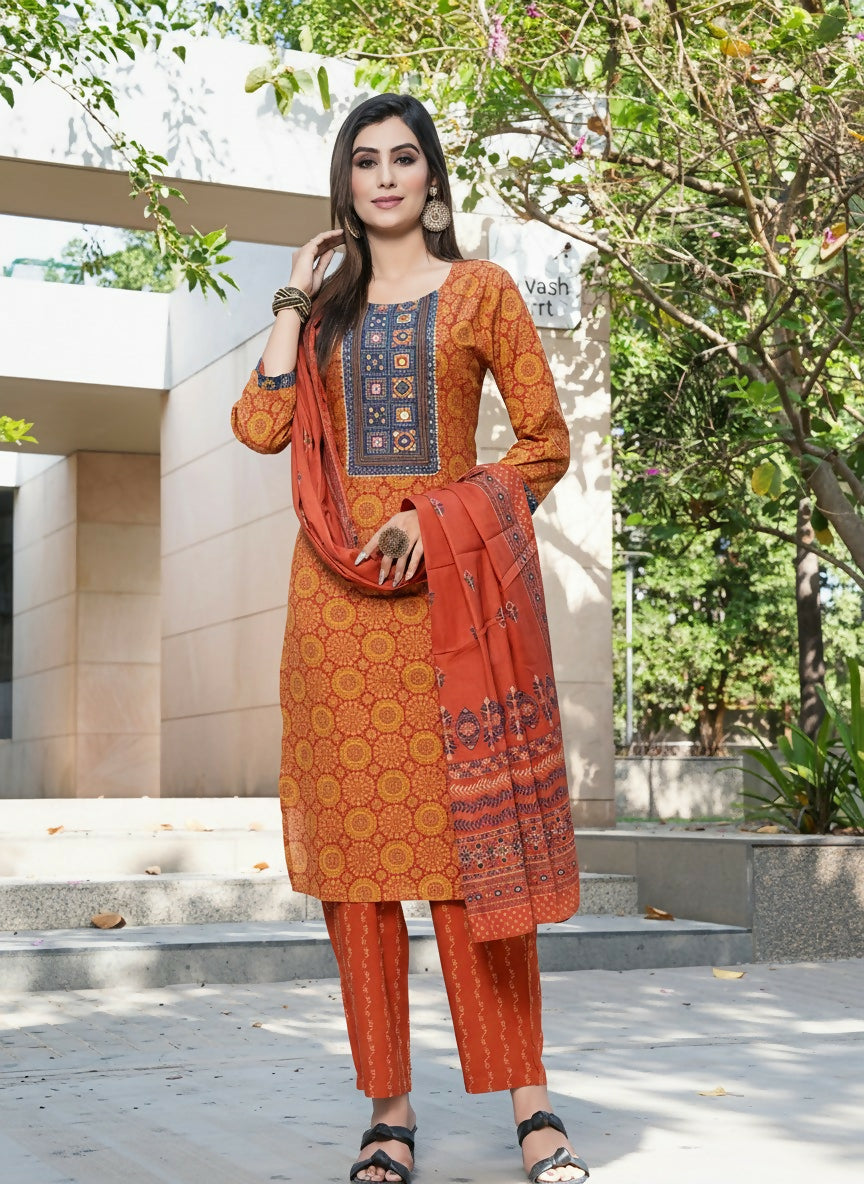 BulBul Aaliya Rust Cotton Kurta Set with Dupatta