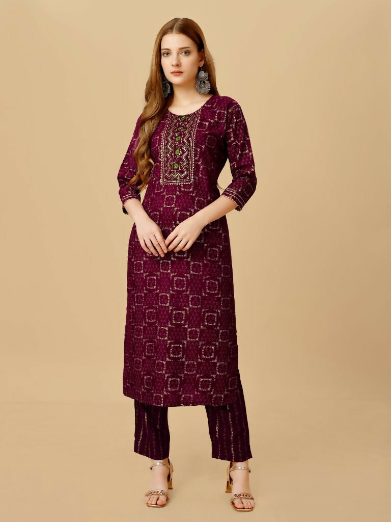 Jyoti Fashion Women's Wine Viscose Rayon Embroidered Kurta Pant Set - Distacart