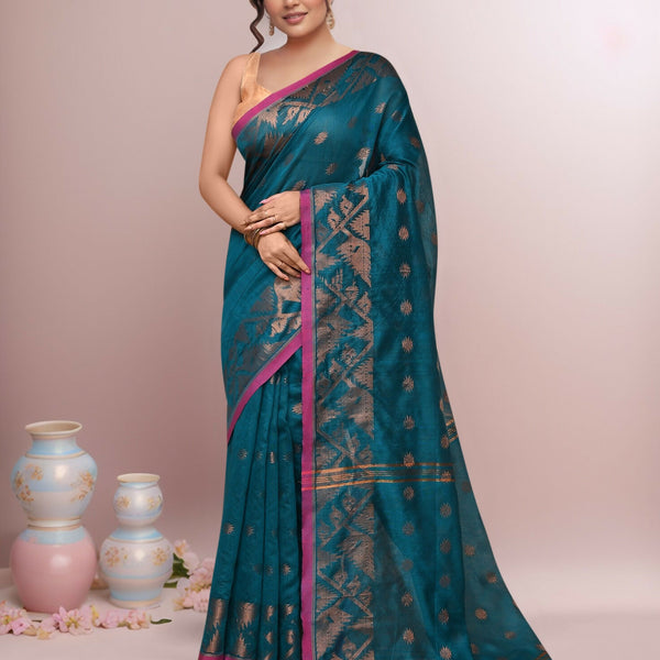 Joban Fashion Aqua Blue Cotton Blend Handloom Saree - Dista
