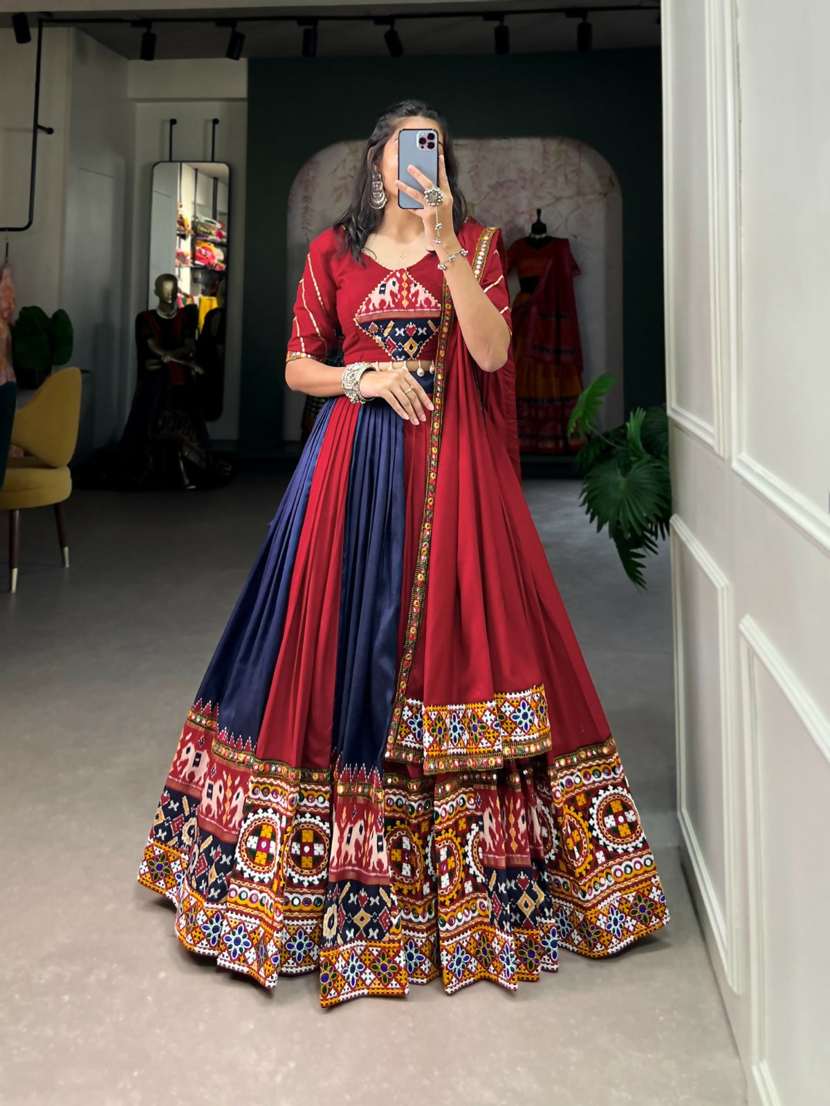 Vastranavya Navaratri Special Rayon with Printed Patch With Gota Patti And Paper Mirror Work And Cowrie (Kodi) Lace Touch Up Lehenga with Stitched Blouse - Navy Blue - Distacart