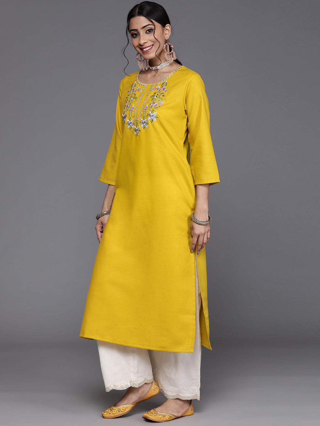 Varanga Women Mustard Yellow Floral Yoke Embroidered Straight Kurta - Distacart
