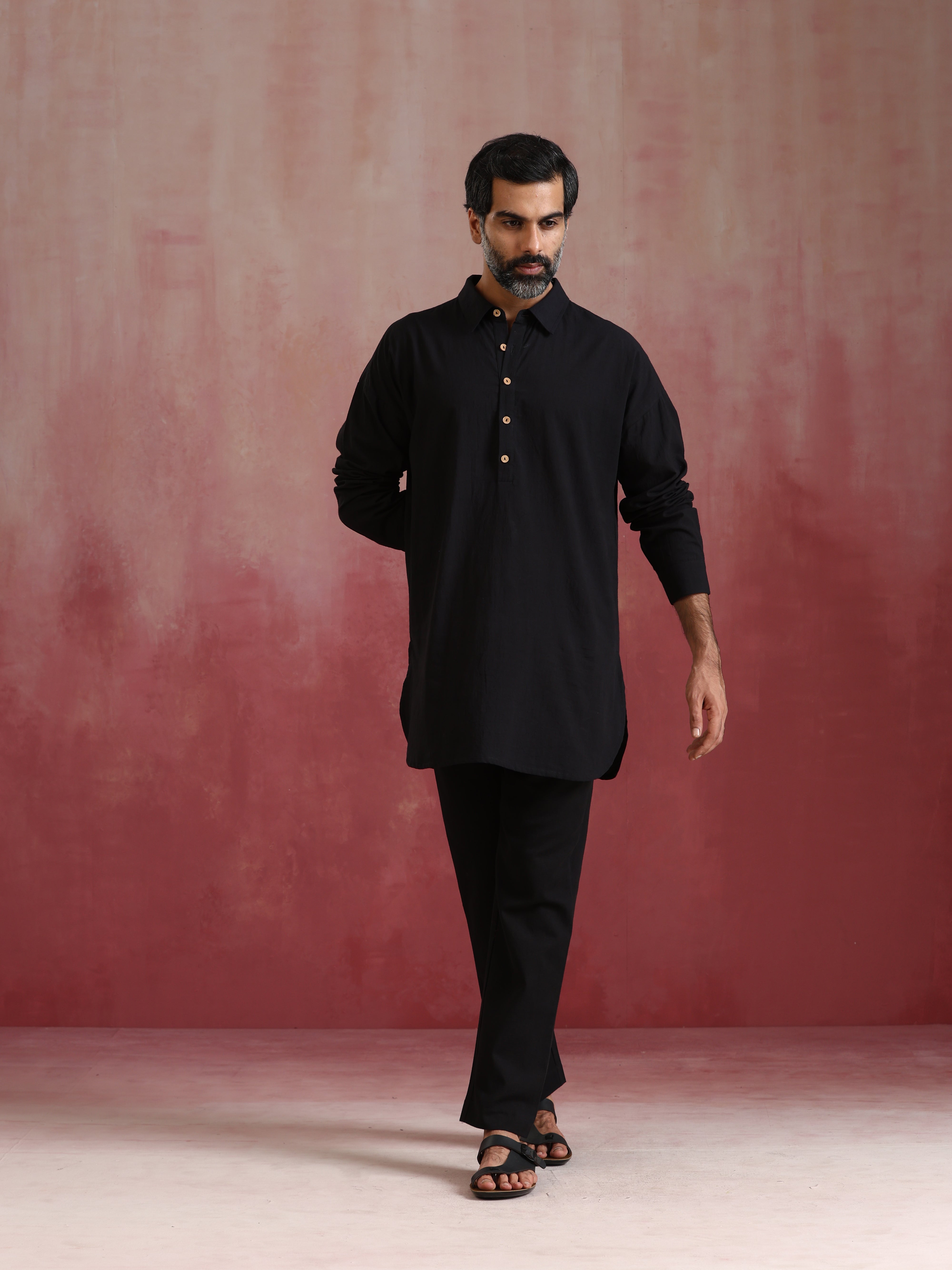 trueBrowns Men's Black Cotton Shirt Collar Stylized Kurta Co-ord set - Distacart