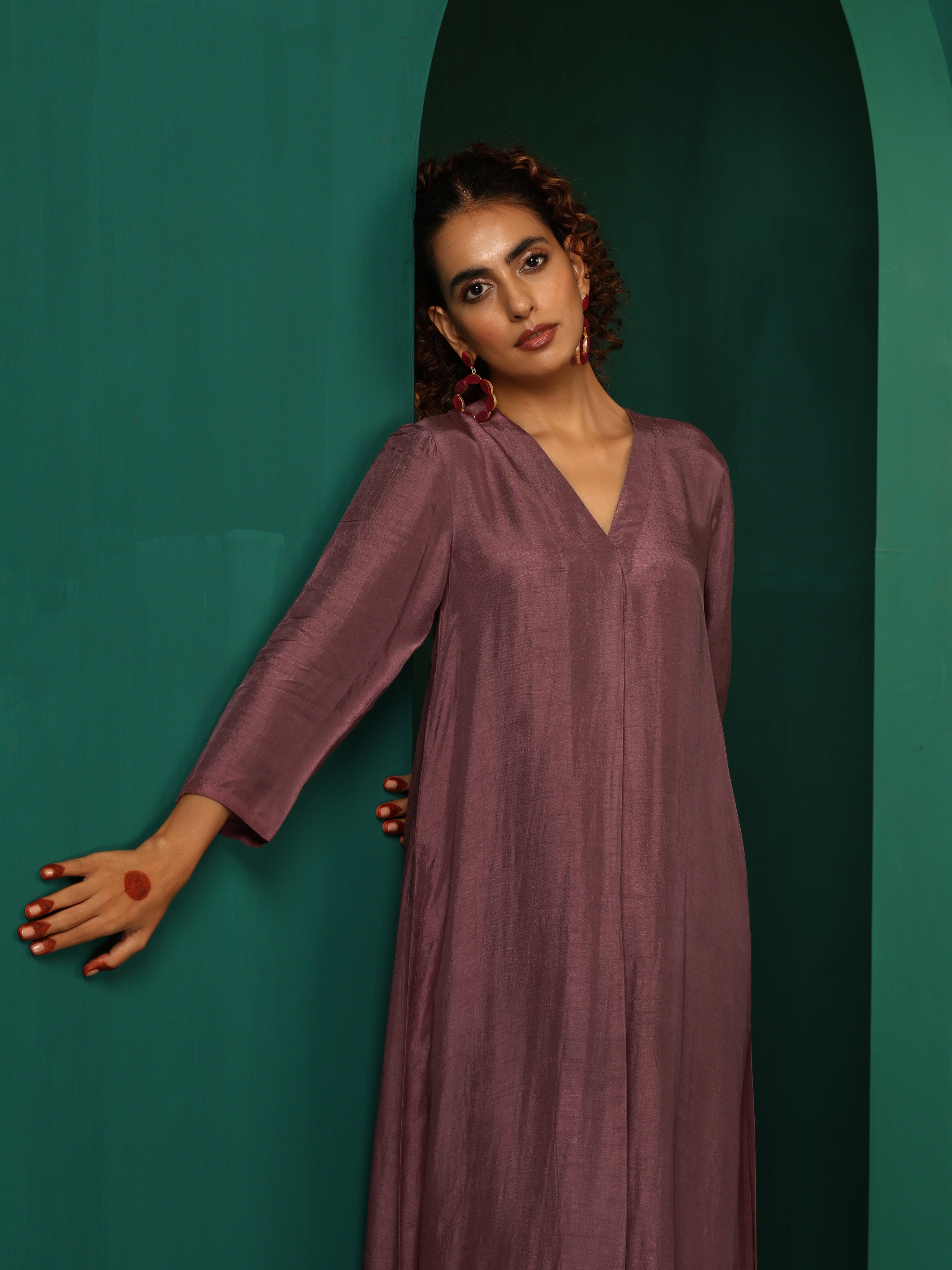 trueBrowns Light Mauve Silk Front Pleat Kurta Pant Set - Distacart