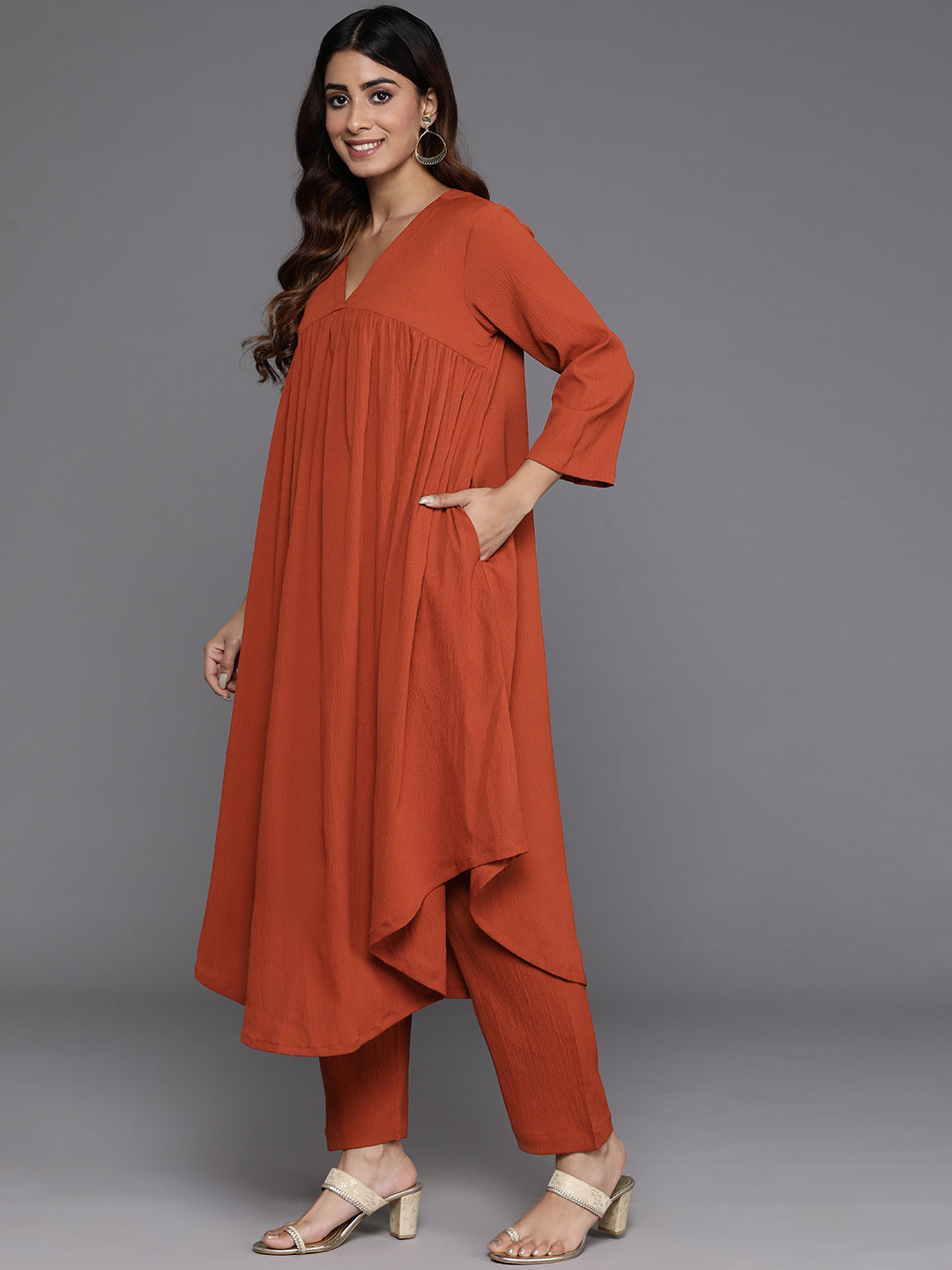 Varanga Women Rust Empire Gathered Details A-Line Kurta Paired With Tonal Bottom - Distacart