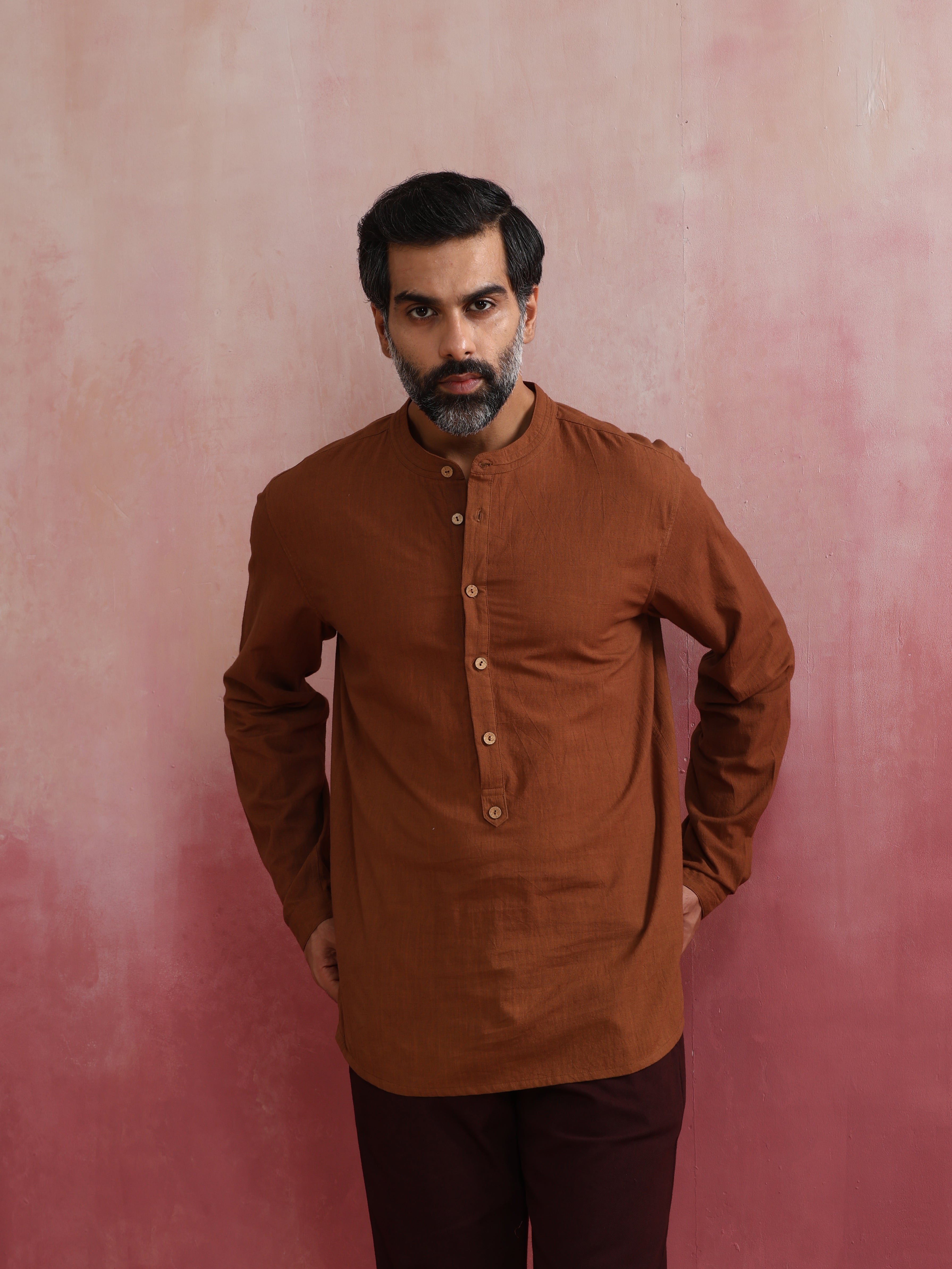 trueBrowns Men's Brown Cotton Mandarin Collar Stylized Kurta - Distacart