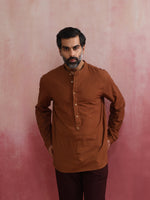Thumbnail for trueBrowns Men's Brown Cotton Mandarin Collar Stylized Kurta - Distacart