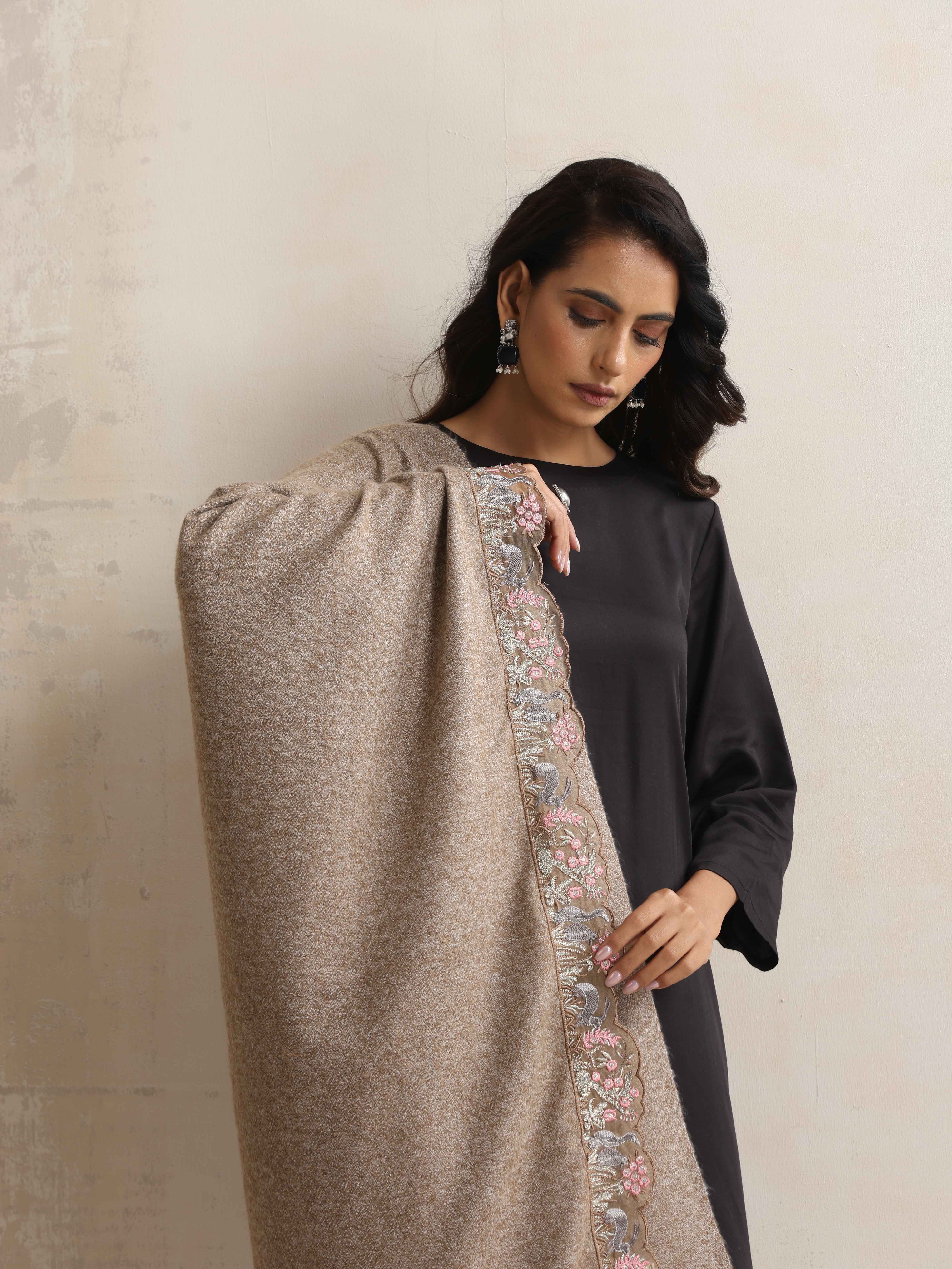 trueBrowns Beige Embroidered Woollen Stole