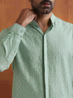 Thumbnail for trueBrowns Men's Green Cotton Dobby Front Open Short Kurta