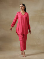 Thumbnail for trueBrowns Pink Bandhani Printed Silk Gathered Sleeve Co-Ord Set - Distacart