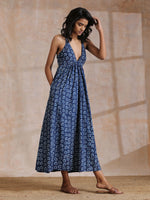 Thumbnail for trueBrowns Indigo Dabu Floral Print Cotton Sleeveless Dress | Relove