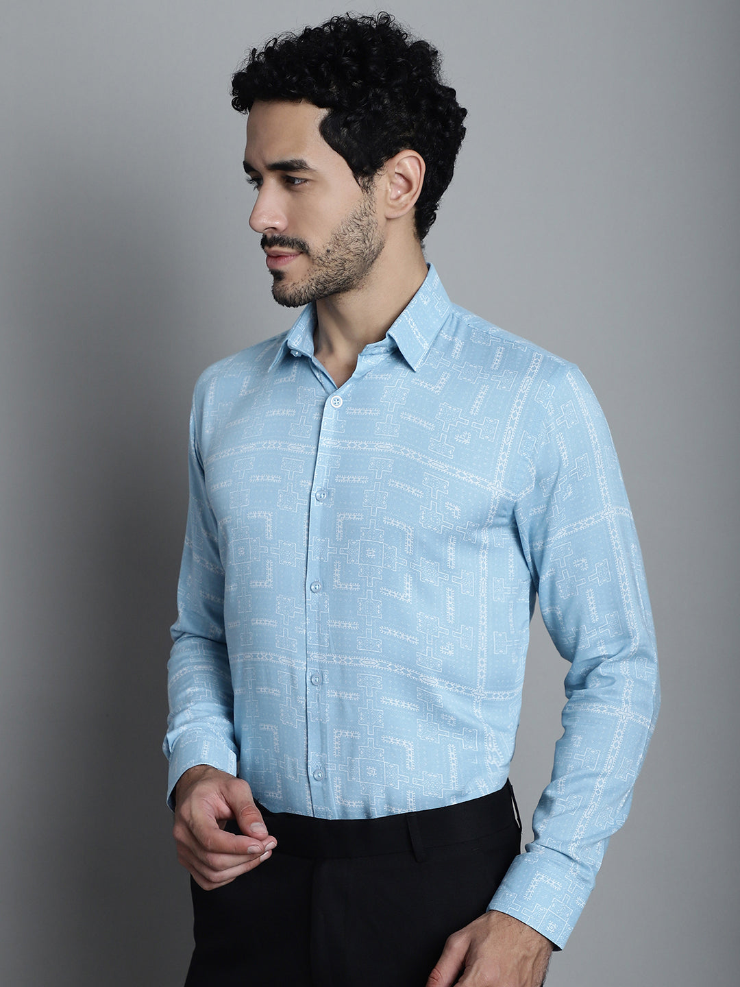Jainish Men's Geomatric Printed Formal Shirts - Sky Blue - Distacart