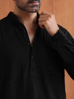 Thumbnail for trueBrowns Men's Black Textured Cotton Dobby Short Kurta