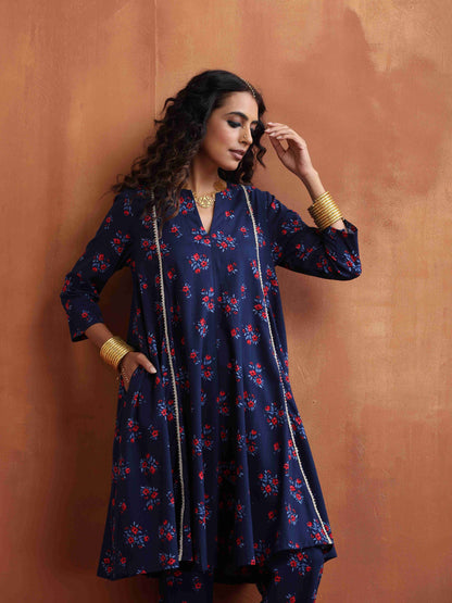 trueBrowns Blue Floral Print Flared Anarkali Kurta Co-ord Set - Distacart