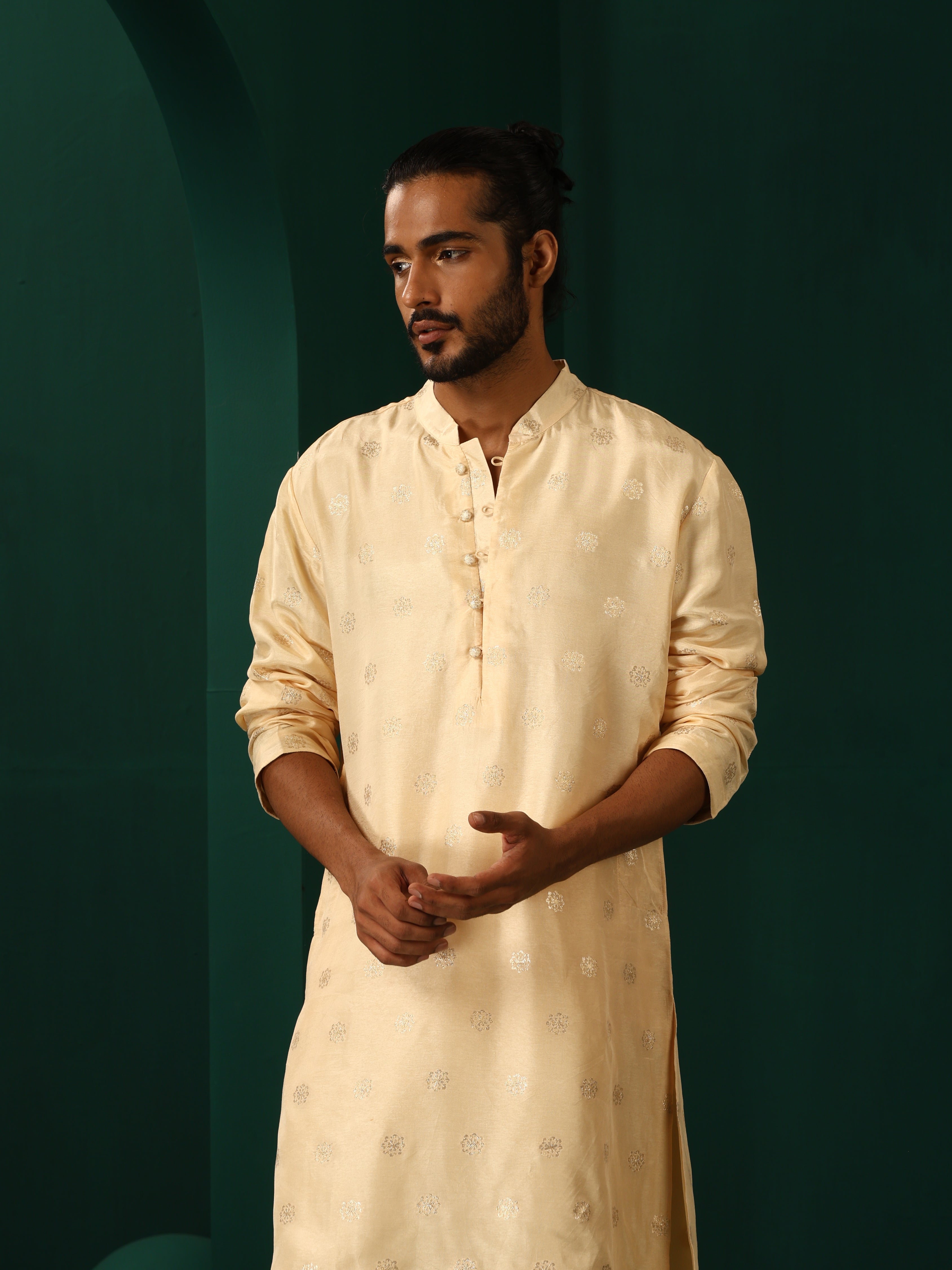 trueBrowns Men's Ivory Geometric Floral Viscose Silk Long Kurta - Distacart