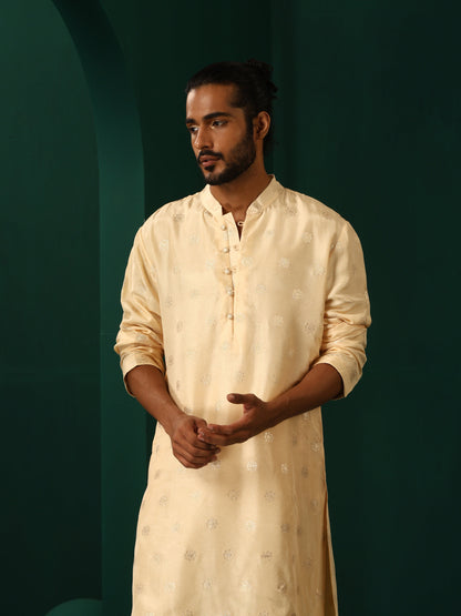 trueBrowns Men's Ivory Geometric Floral Viscose Silk Long Kurta - Distacart