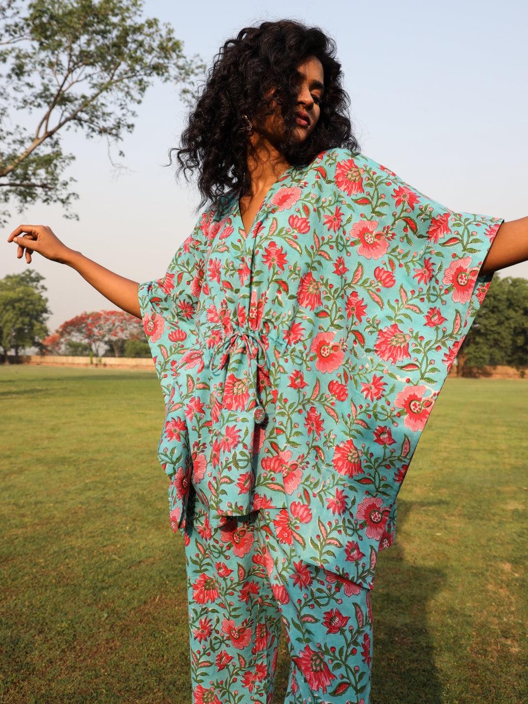trueBrowns Aqua Cotton Block Print Kaftan Co-Ord Set - Distacart