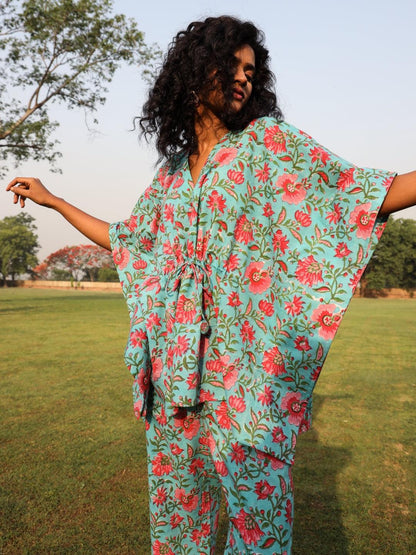 trueBrowns Aqua Cotton Block Print Kaftan Co-Ord Set - Distacart