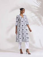 Thumbnail for trueBrowns White Cotton Geometric Print Angrakha Kurta Set