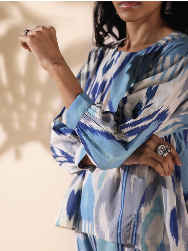 trueBrowns Blue Cotton Ikat Short Co-ord Set - Distacart