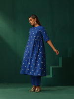 Thumbnail for trueBrowns Royal Blue Geometric Floral Viscose Silk Side Gathered Kurta Pant Set - Distacart