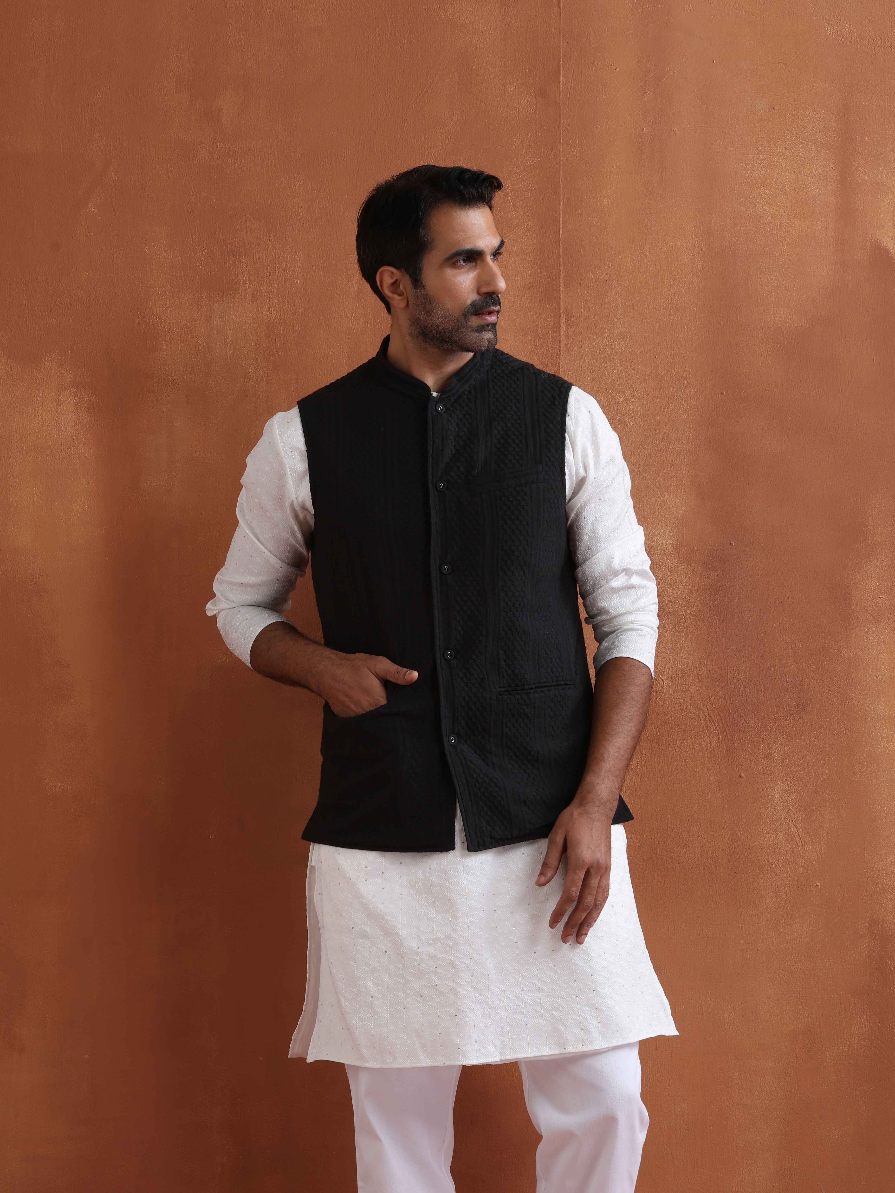 trueBrowns Men's Black Textured Cotton Dobby Nehru Jacket