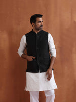 Thumbnail for trueBrowns Men's Black Textured Cotton Dobby Nehru Jacket