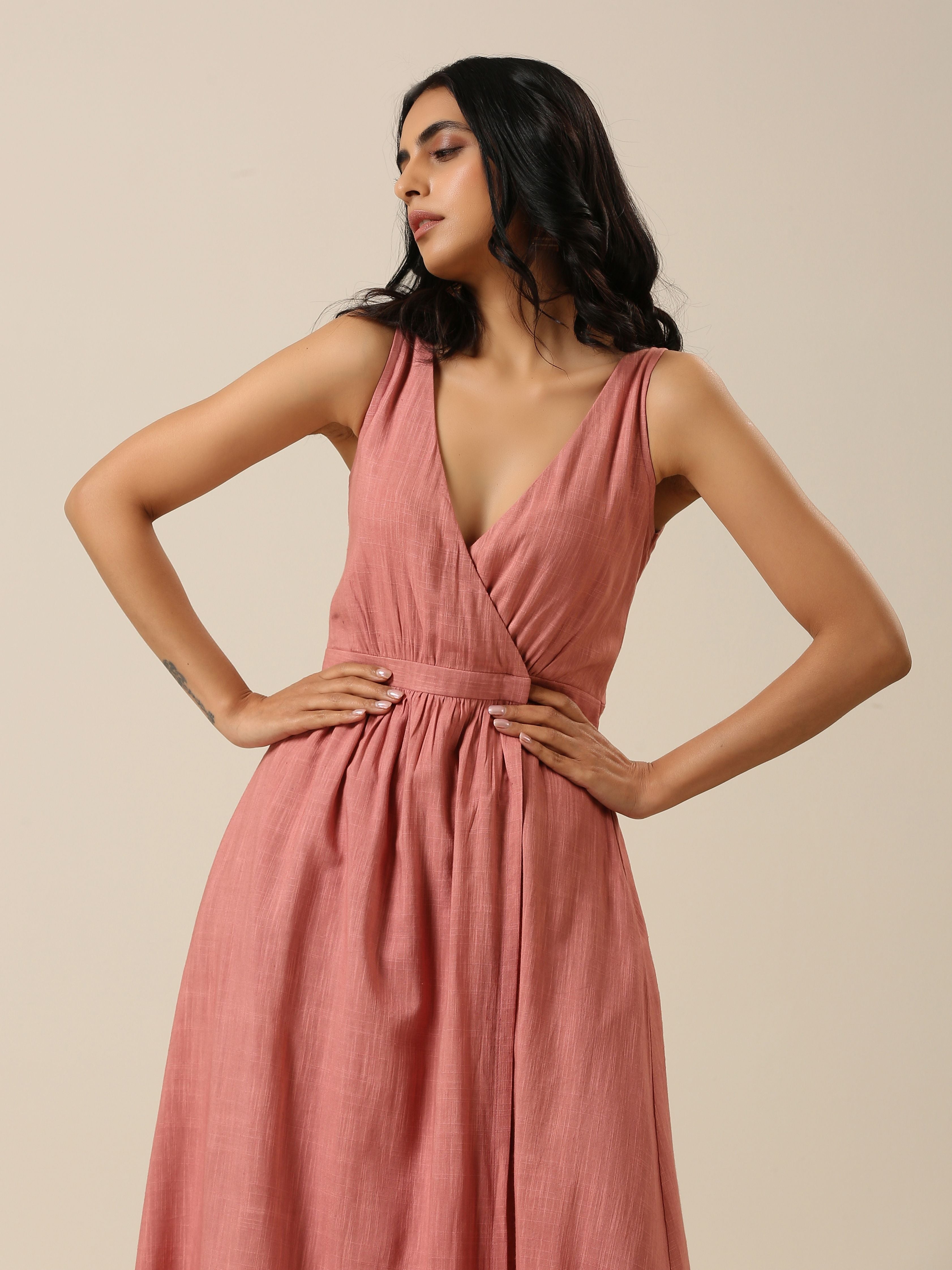 trueBrowns Light Mauve Slub Texture Sleeveless Wrap Dress - Distacart