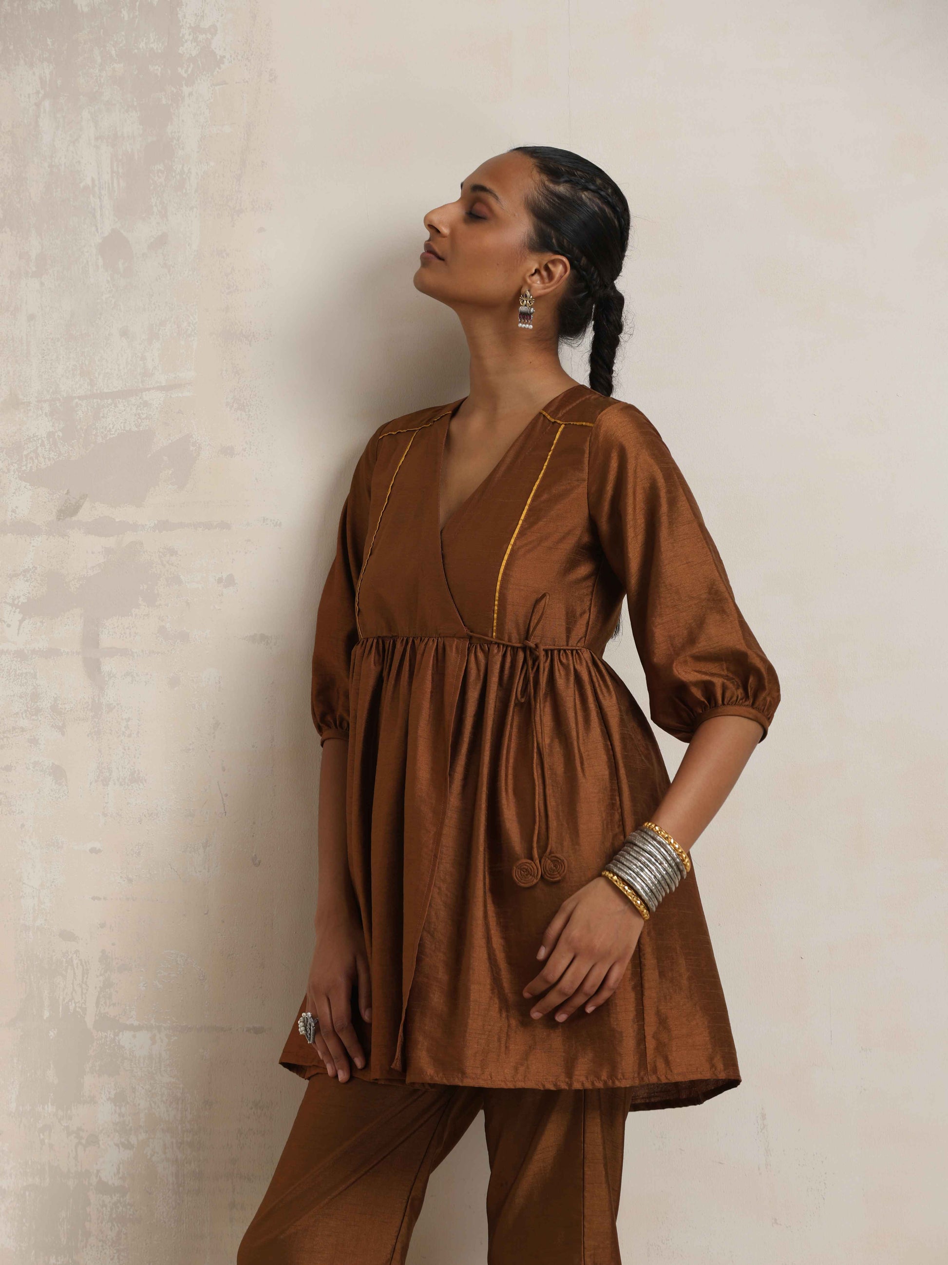 trueBrowns Brown Silk Angrakha Co-ord Set - Distacart