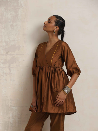 trueBrowns Brown Silk Angrakha Co-ord Set - Distacart