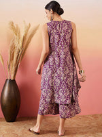 Thumbnail for InWeave Dusty Mauve Paisley Round Neck Kurta Short Palazzo Set