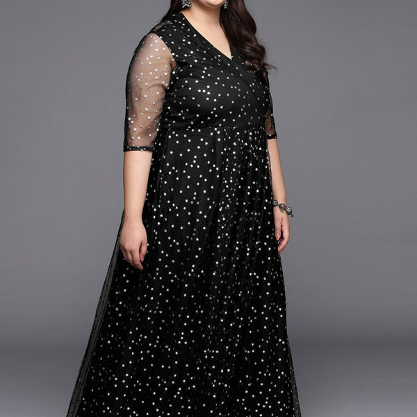 Ahalyaa Plus Size Printed Net V-neck Maxi Ethnic Dress - Distacart