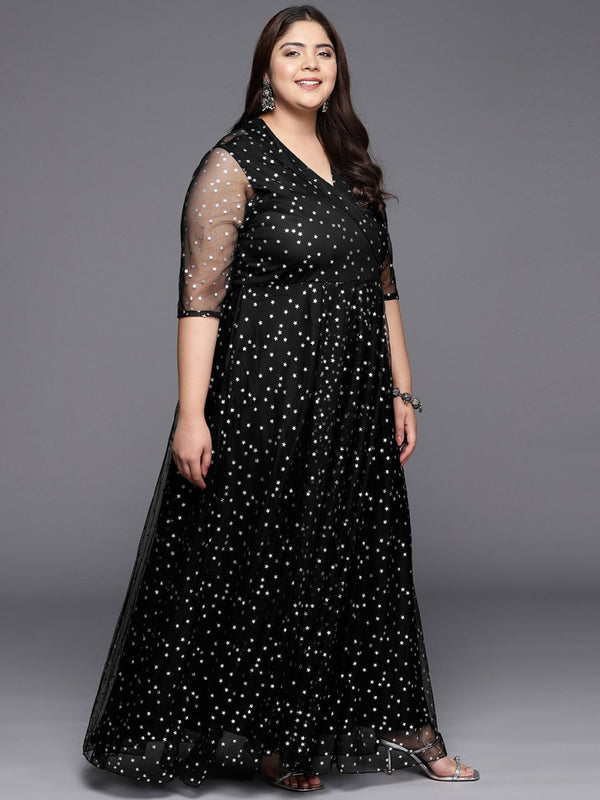 Ahalyaa Plus Size Printed Net V-neck Maxi Ethnic Dress - Distacart