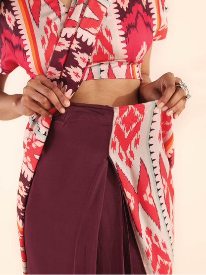 trueBrowns Maroon Muslin Ikat Ready to Wear Saree - Distacart