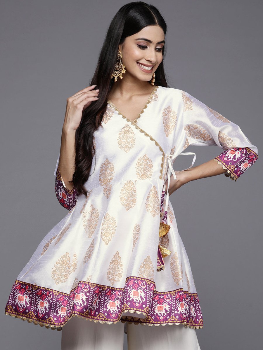 Ahalyaa Women White & Golden Ethnic Printed Tunic - Distacart