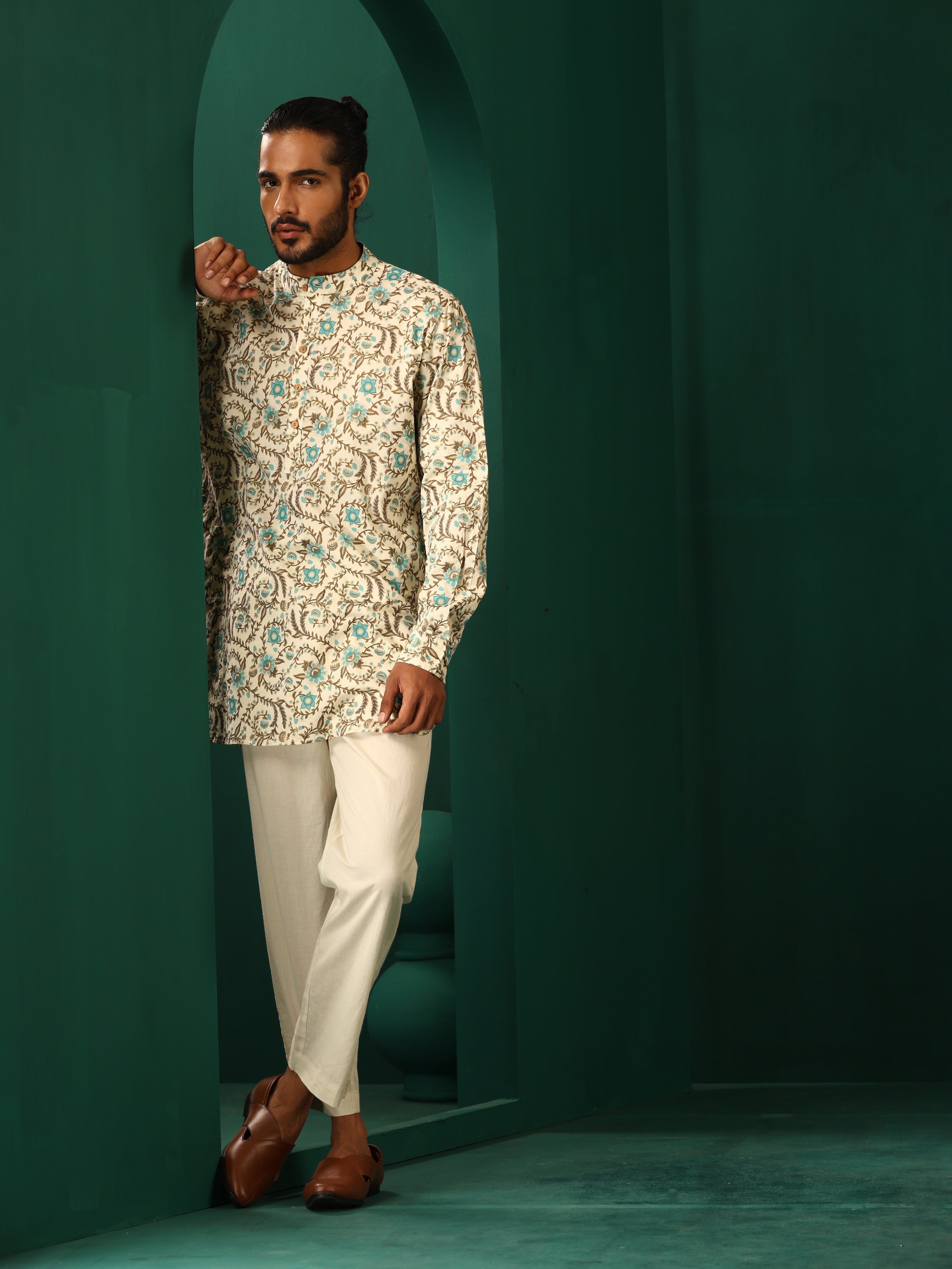 trueBrowns Men's Teal Floral Cotton Printed Co-ord Set - Distacart