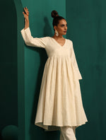 Thumbnail for trueBrowns Ivory Tonal Cotton Anarkali Kurta Pant Set - Distacart