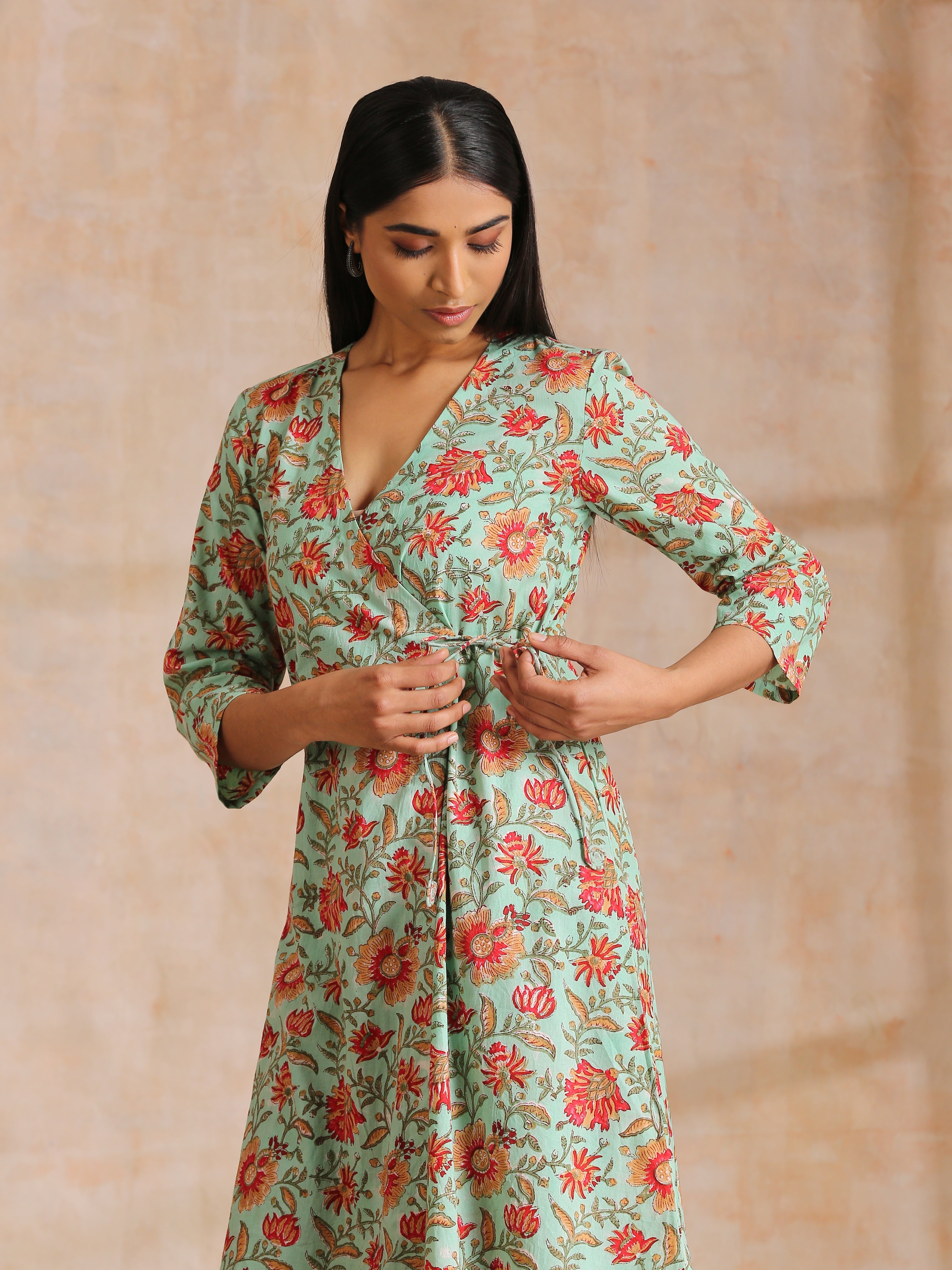 trueBrowns Seafoam Green Overall Floral Block Print Cotton Angrakha Pant Set - Distacart