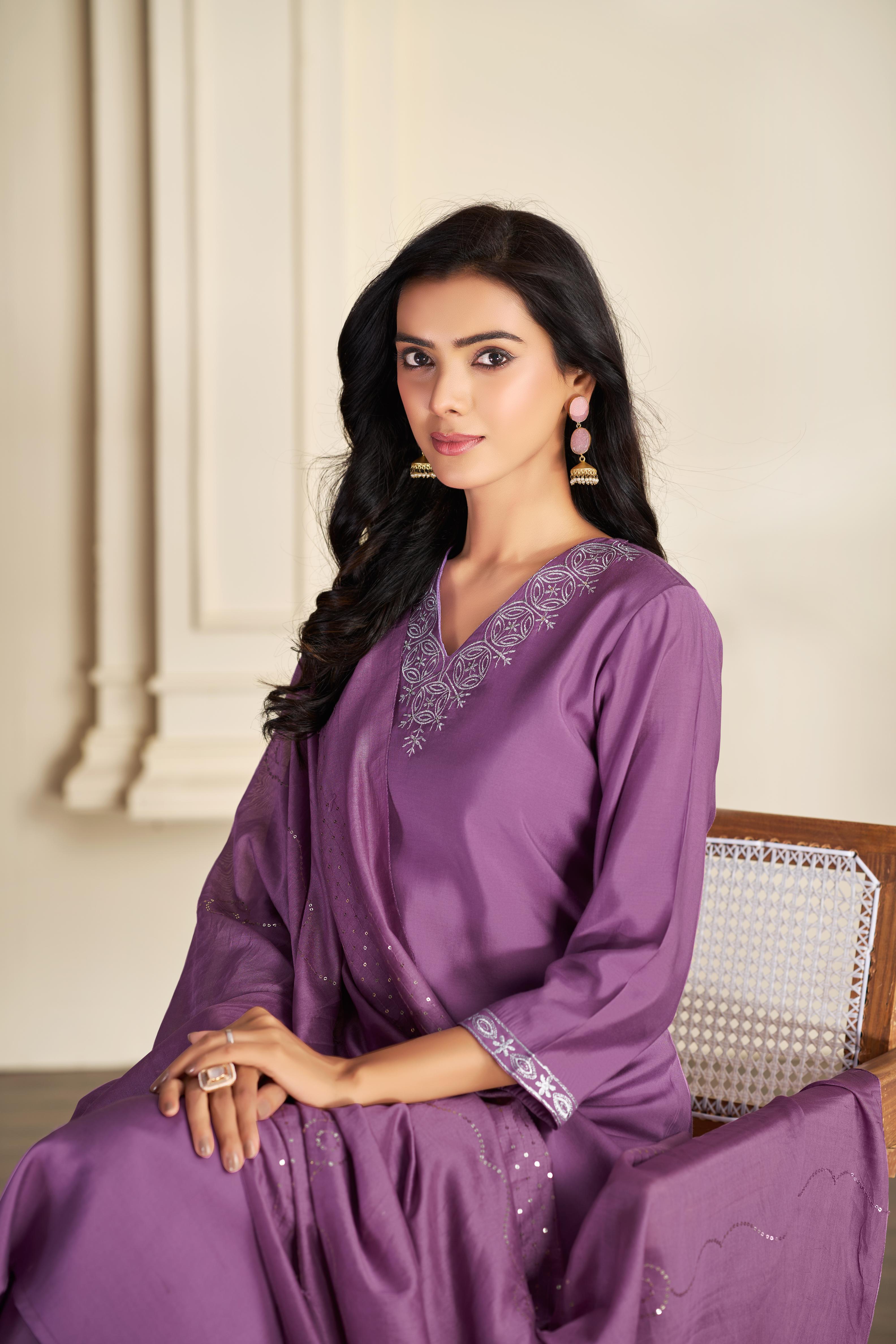 BulBul Mira Purple Silk Kurta Set with Dupatta