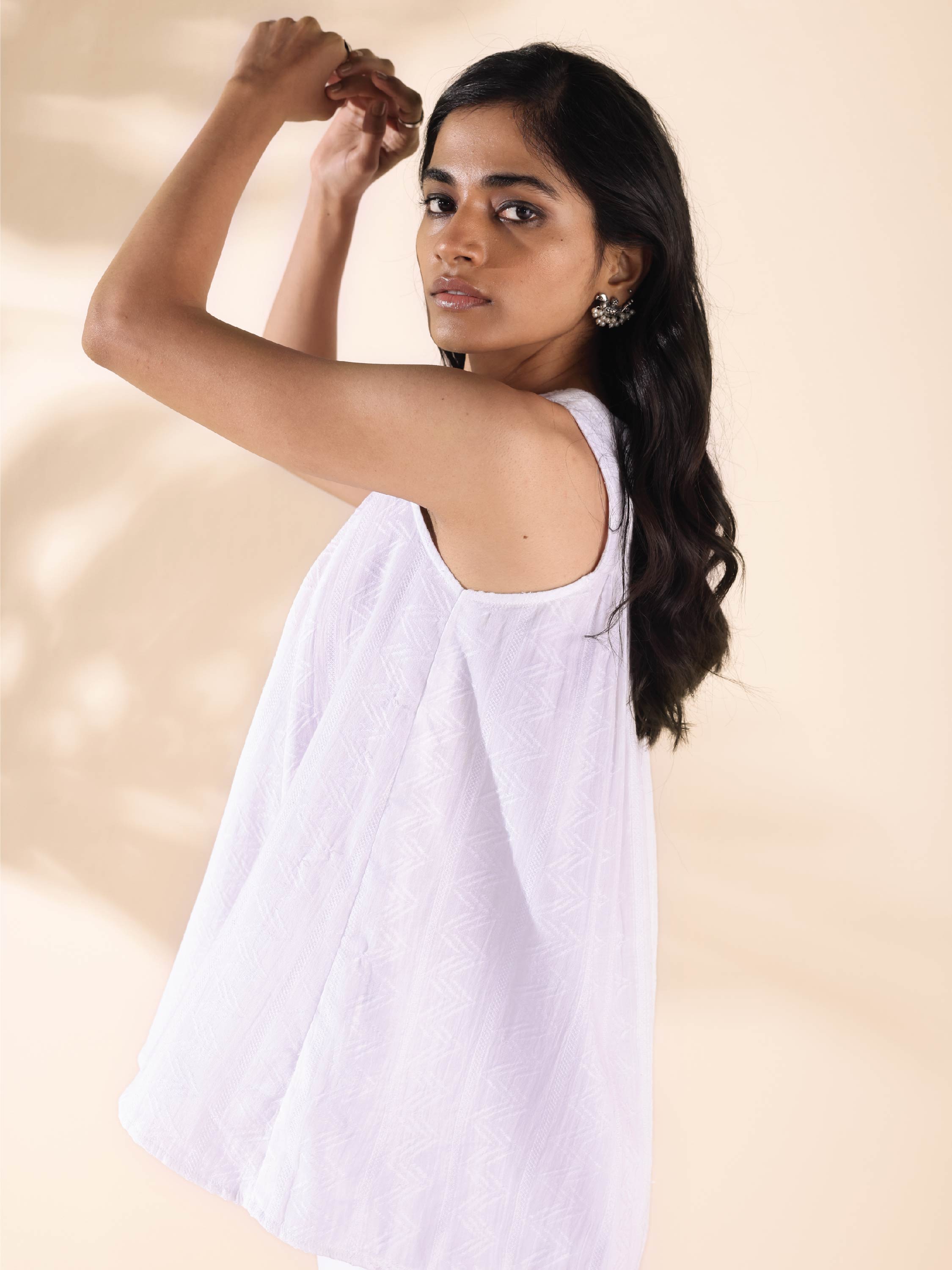 trueBrowns White Cotton Dobby Flared Co-ord Set - Distacart