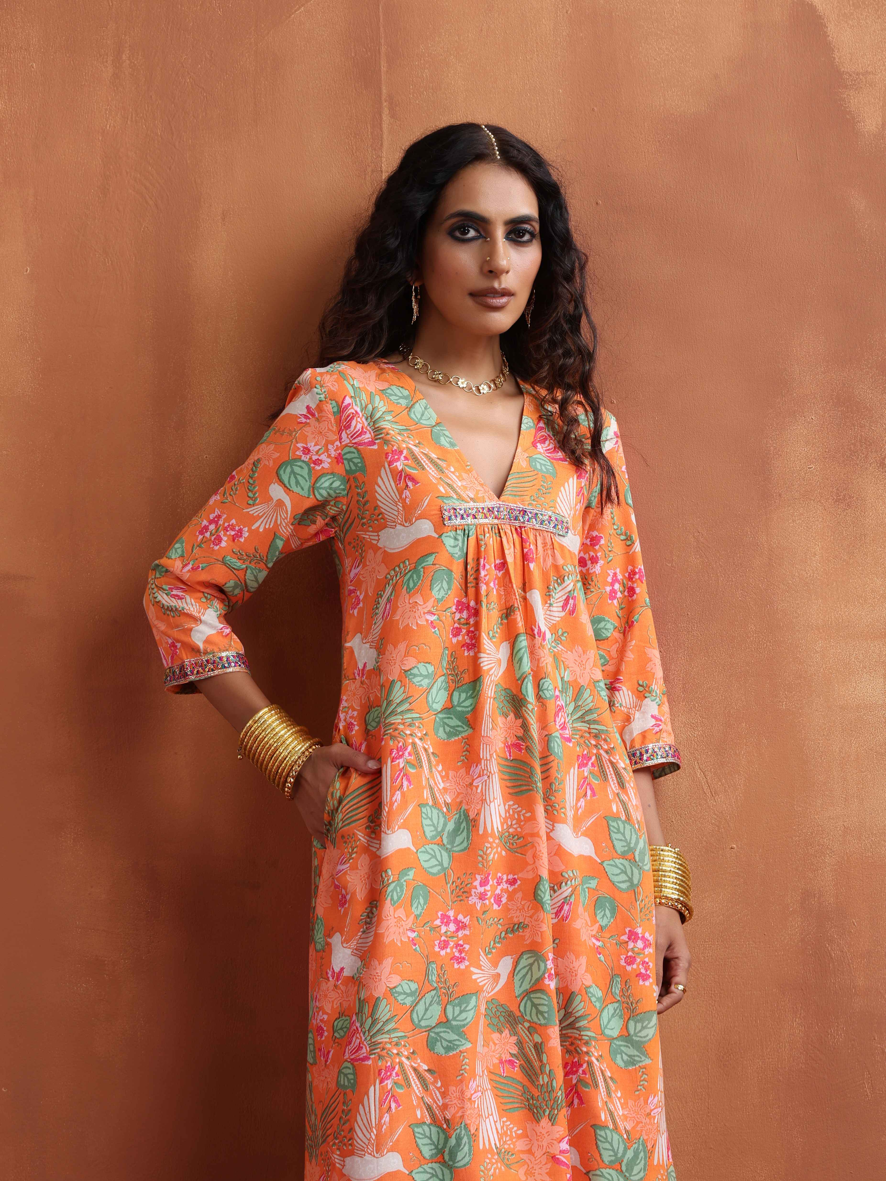 trueBrowns Orange Floral Print A-line Kurta Set - Distacart
