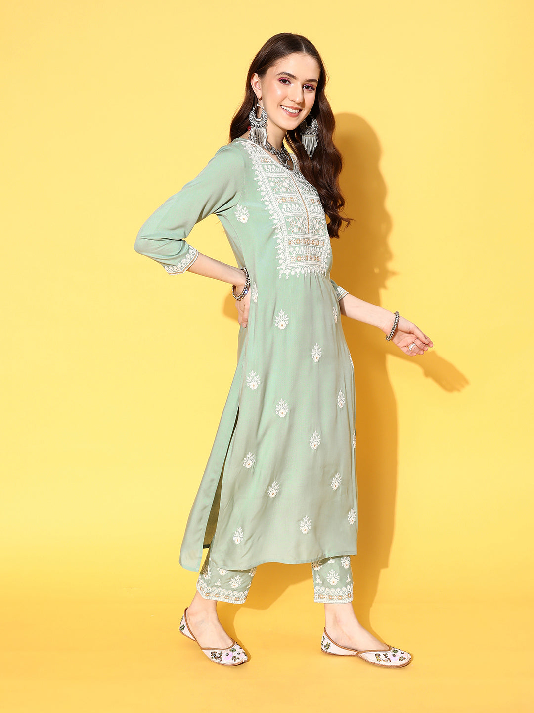 Varanga Women Sea Green Embroidered Kurta Paired With Tonal Trouser And Dupatta - Distacart