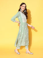Thumbnail for Varanga Women Sea Green Embroidered Kurta Paired With Tonal Trouser And Dupatta - Distacart