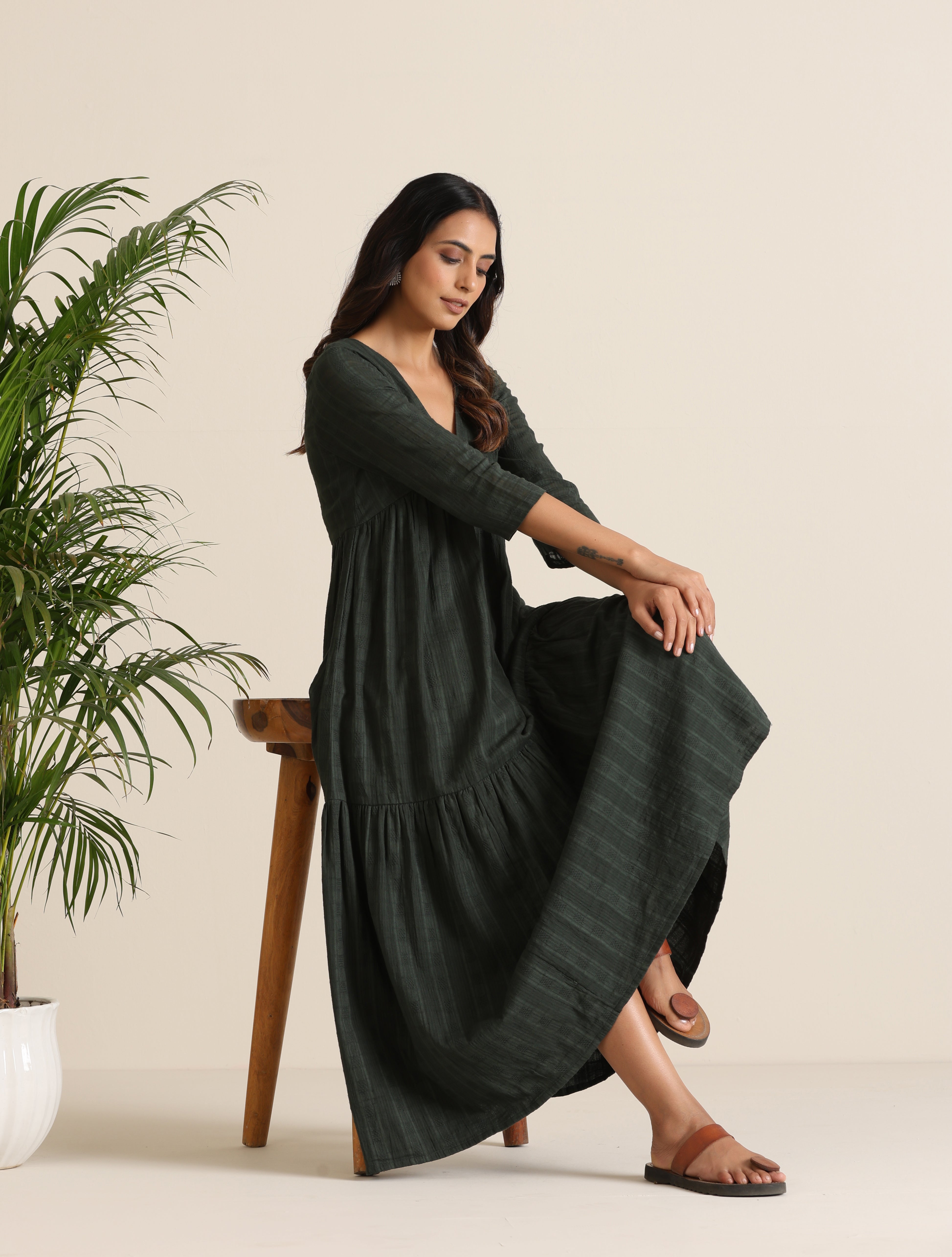 trueBrowns Charcoal Cotton Dobby Tiered Dress - Distacart