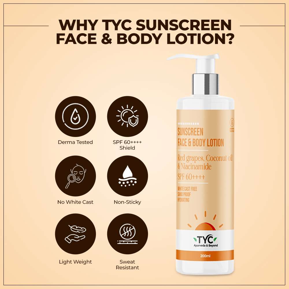 TYC Sunscreen Face & Body Lotion - Red Grapes, Coconut Oil & Niacinamide | SPF 60++++ - Dista