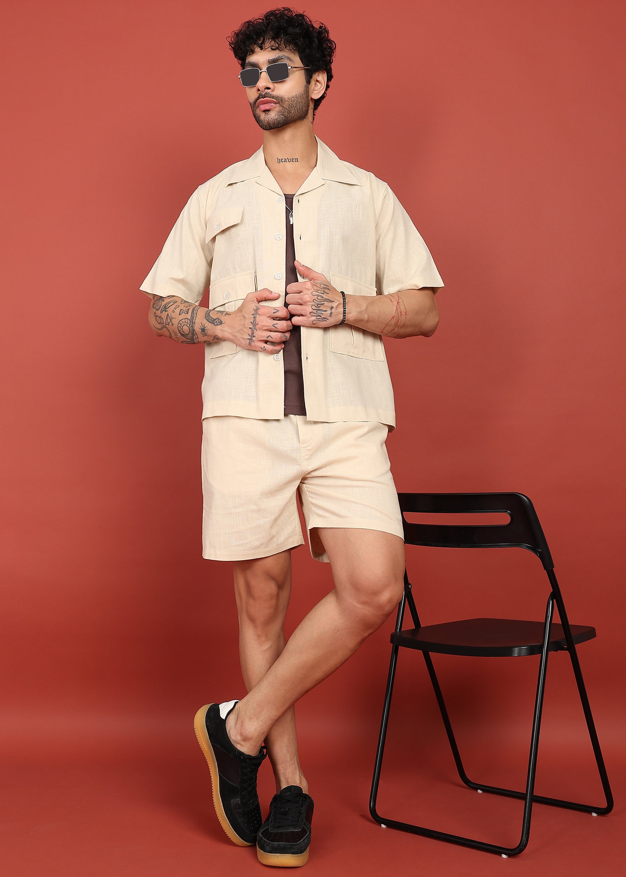 Fabmade Men Beige Cotton Linen Coort-Set Shorts - Distacart