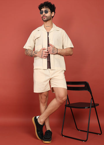 Fabmade Men Beige Cotton Linen Coort-Set Shorts - Distacart