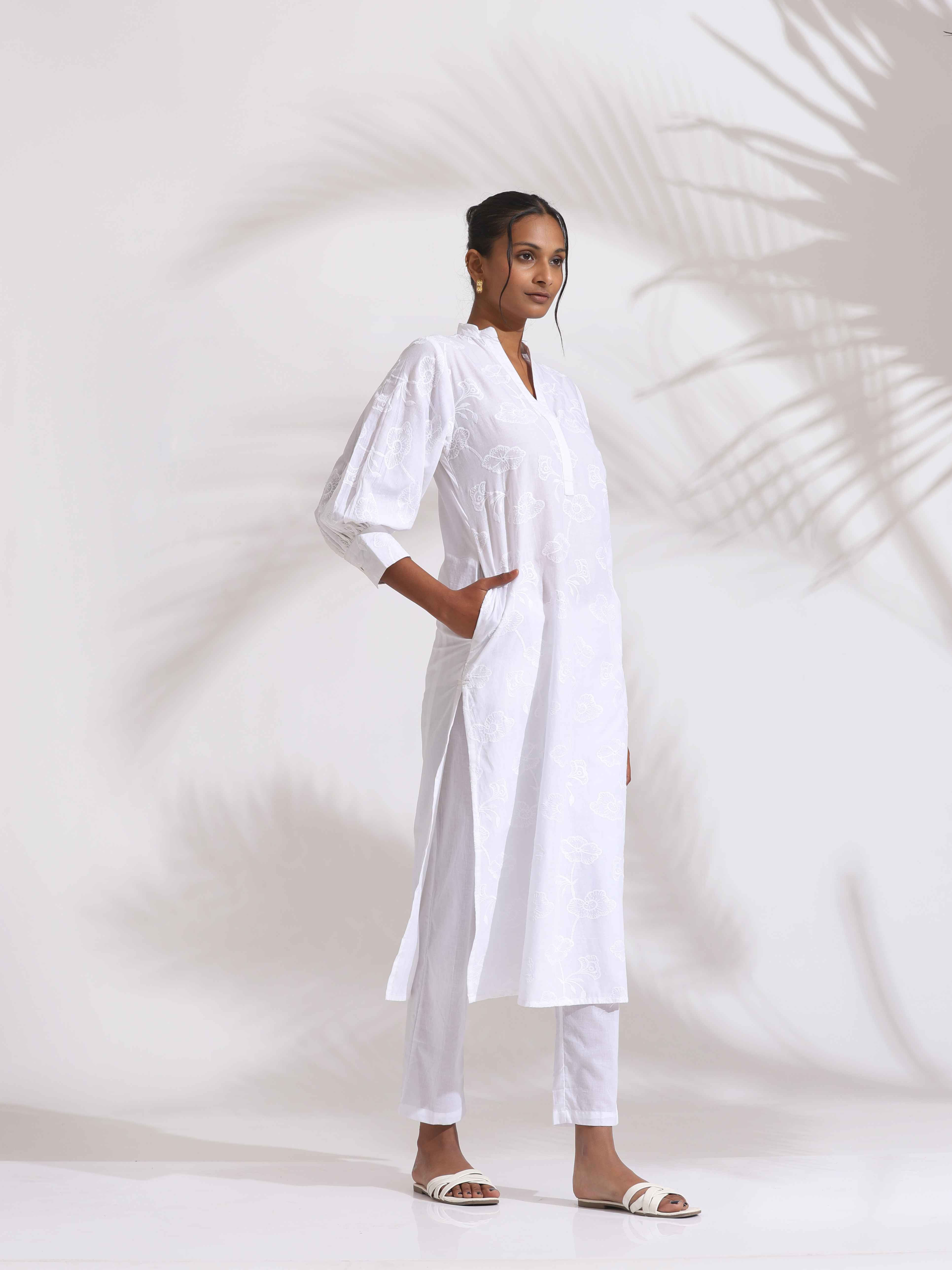 trueBrowns trueBrown White Cotton Schiffli Kurta Set